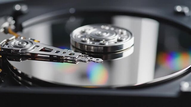 Hard drive read write head moving over platters