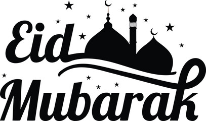 Eid Mubarak calligraphy with mosque silhouette and crescent stars. Elegant black Islamic typography creates a festive spiritual mood. Ideal for Ramadan posters, banners, cards, and branding. © Vivid Pixel Studio.