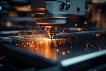 Close-up industrial laser cutting head slicing a steel sheet with bright orange sparks flying, glowing molten droplets and focused precision conveying intense industrial energy