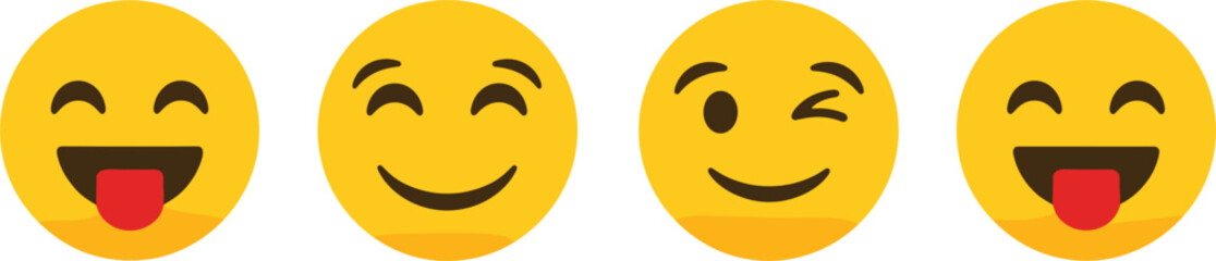 Smiling emoji faces set with happy wink tongue expressions yellow emoticon vector illustration collection