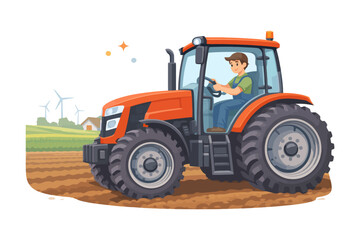 Obraz premium Male farmer operating red tractor in field with wind turbines and farmhouse.