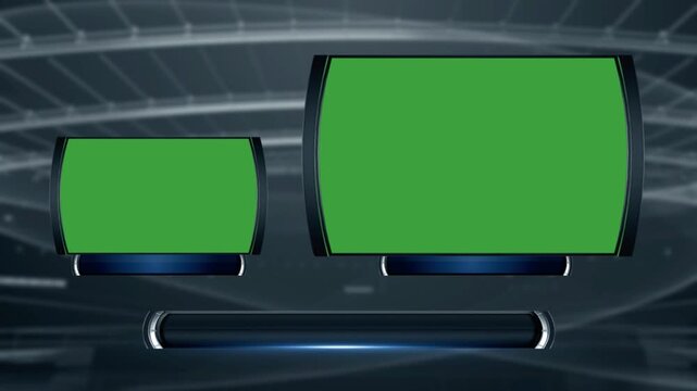 3d virtual news studio green screen background for sports broadcast, 2 displays, gallery background, space for lower third