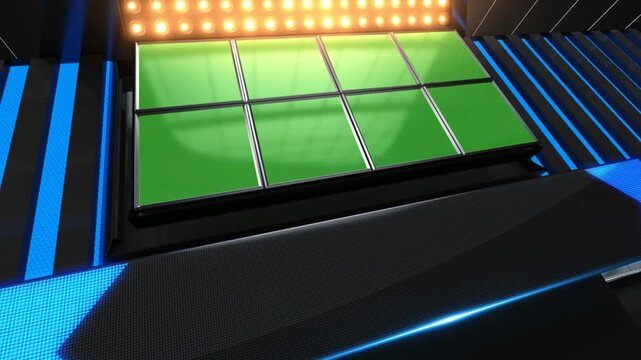 Sports News broadcast set with video green screen, professional broadcast Gallery background highlighting NOW on digital LCD board