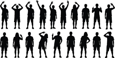 Silhouettes of people standing in varied poses with raised arms, gesture diversity concept, posture study, human body language illustration design © Nahl