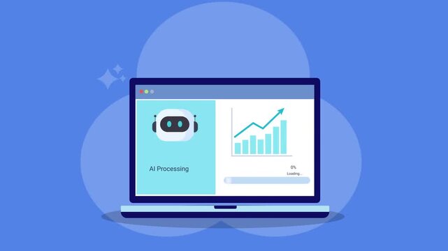 Animated laptop screen showing business data dashboard with pie chart and rising bar graph. Concept of analytics, KPI monitoring, financial growth, and digital corporate reporting.