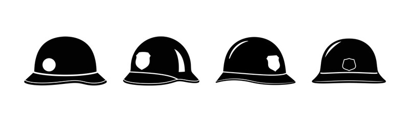 Fototapeta premium A collection of four distinct black helmets, each with unique design elements, arranged in a horizontal lineup