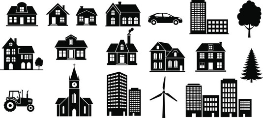 Black vector silhouettes collection of suburban houses apartment buildings church tractor wind turbine car and trees isolated on white background for real estate and city design. © sohag babu 