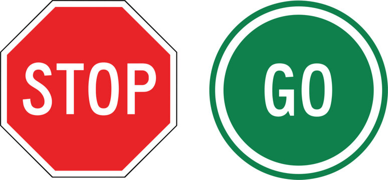 Red stop sign and green go sign vector set for traffic control road safety navigation and regulatory street signal design isolated on white.