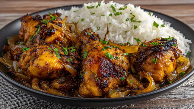 Gambian Yassa chicken rice dish with caramelized onions. Background illustration of traditional Gambian food.