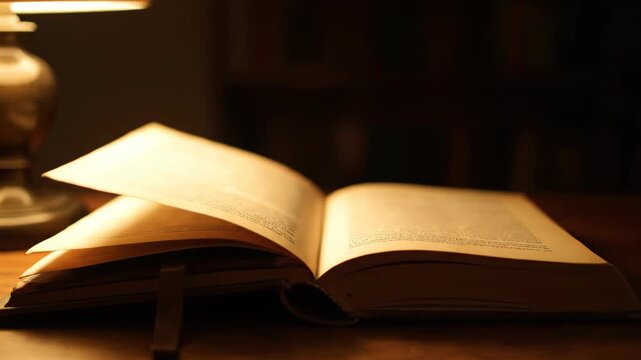 Vintage leather bound book lying open on wooden desk by warm lamp light