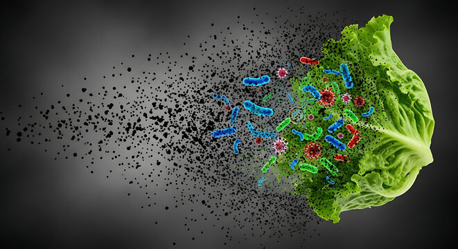 Healthy green lettuce leaf contaminated with virus particles and bacteria in a dark environment close-up view