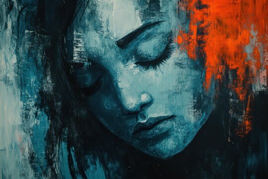 abstract paint drawn woman face being sad or mad in depression. showing emotion, anciety, depression, bad mindset or negative thaughts