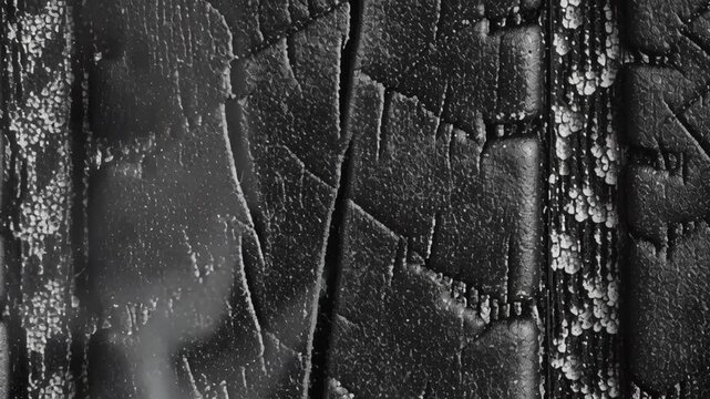 Dark grunge texture overlay in 4k concept. Close up of glowing red embers and smoke in charred black burnt wood texture background