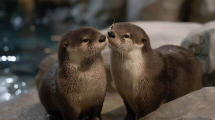 Otter pair playing and wrestling in a specially designed indoor water play area in a private home, perfect for exotic aquatic mammal pet lifestyle, otter care, rare pet owner, unusual companion