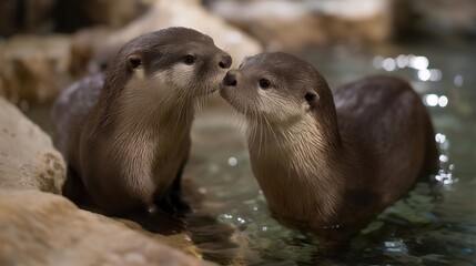 Otter pair playing and wrestling in a specially designed indoor water play area in a private home, perfect for exotic aquatic mammal pet lifestyle, otter care, rare pet owner, unusual companion