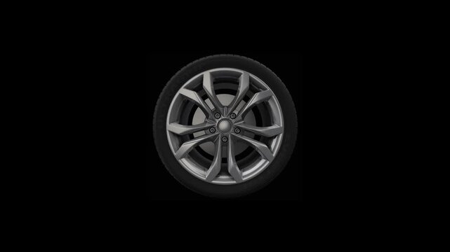 sport car wheel rotating slowly. Cg animation with seamless loop, Closeup black alloy car wheel