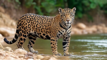 Naklejka premium A jaguar is standing in the water, looking at the camera