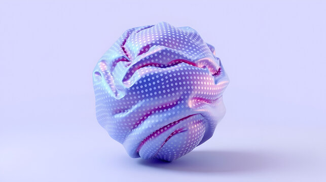 A deformed deflating sphere formed from a sea of dots. An unstable sphere, iridescent with abstract smooth deformations.