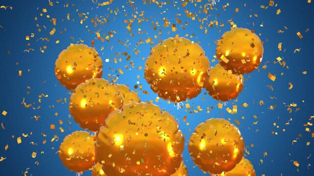 Happy birthday congratulation video with golden balloons flying up and confetti falling down. Anniversary celebration animation
