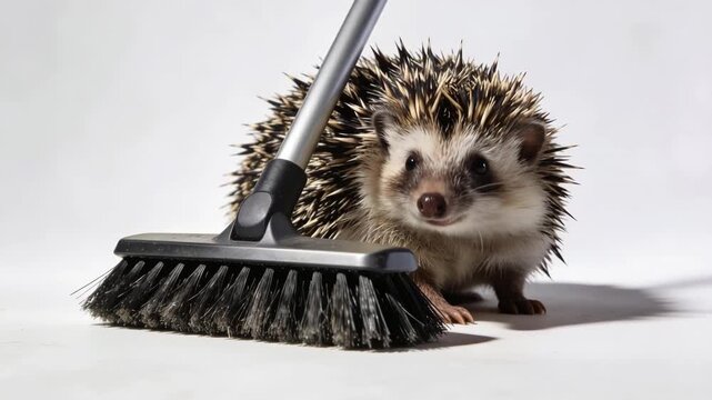 Adorable hedgehog standing next to a broom on a clean background, symbolizing housekeeping, cleanliness, chores, and humorous domestic routine.