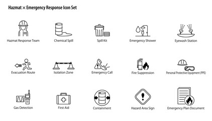 Hazmat &times; Emergency Response Icon Set. / 危険物対応 &times; 緊急対応 のベクターアイコンセット。