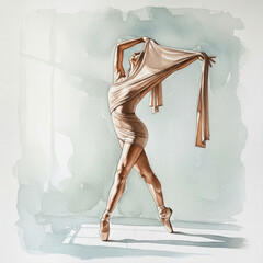 Elegant dancer in shapewear striking a pose, isolated on a white background, with soft watercolor style and graceful body movement