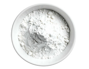 A white ceramic bowl filled with a fine, white powdery substance, seen from directly above