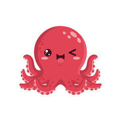 Cute red cartoon octopus winking with closed mouth smile