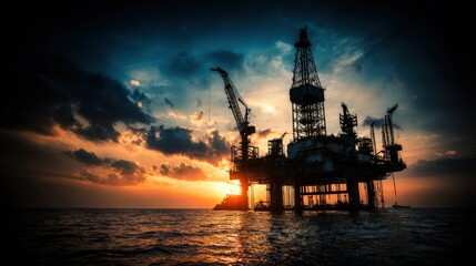 Obraz premium Offshore Oil Rig Silhouetted Against Golden Sunrise Ocean