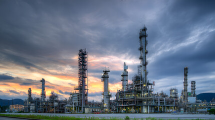 Fototapeta premium Oil refinery panorama at twilight with towering stacks and stormy sky