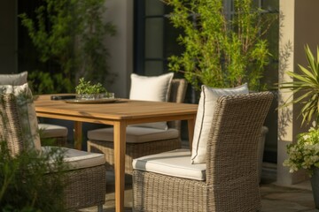 Obraz premium Outdoor Dining Set with Wicker Chairs and Wooden Table on Sunny Patio with Greenery