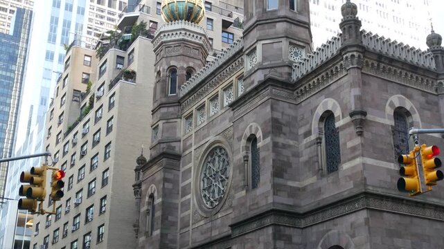 New York Central Synagogue historic building 1872, Lexington avenue, United States of America. Jewish congregation in Manhattan. Judaism religion landmark. Turret with Star of David ornament. Heritage
