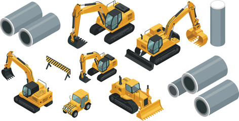 Isometric construction machinery set, excavators, bulldozer, concrete pipes, heavy equipment collection, industrial engineering illustration, infrastructure building concept © mdabdur