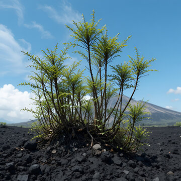 These are so-called pioneer plants. These species were first to settle on slag fields (pyroclastic deposits (detrital materia, dejectionl)) after eruption of volcano. Sulawesi Island. Indonesia