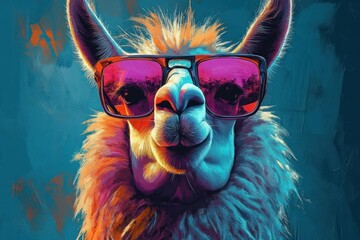 Fototapeta premium Colorful close-up portrait of a cool llama wearing reflective pink sunglasses, vibrant brushstroke background, playful confident expression