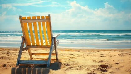Wooden yellow slatted beach chair on a sunlit sandy shore facing gentle ocean waves under a bright blue sky, evoking peaceful relaxed solitude