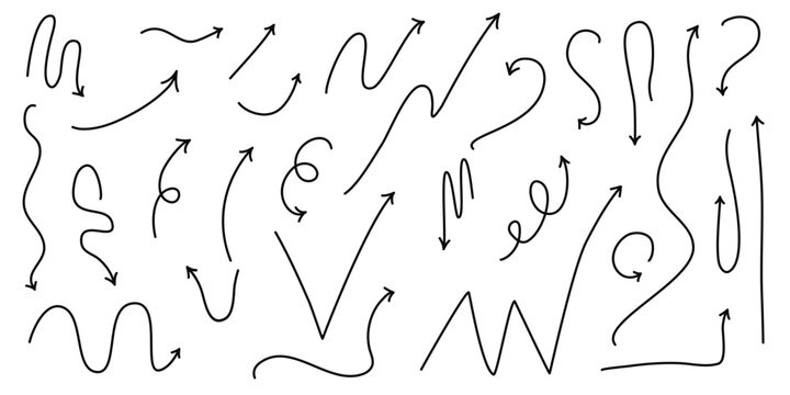 Set of arrows of various shapes and directions. Downward, upward, sideways and diagonal movements. Ink hand drawn arrow icons: zigzag, wave, curl and straight. Vector element