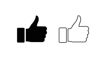 Obraz premium Set of 2 Thumbs Up Icons Vector: Black Solid and Outline Design for Social Media, Approval, Like, and Positive Feedback