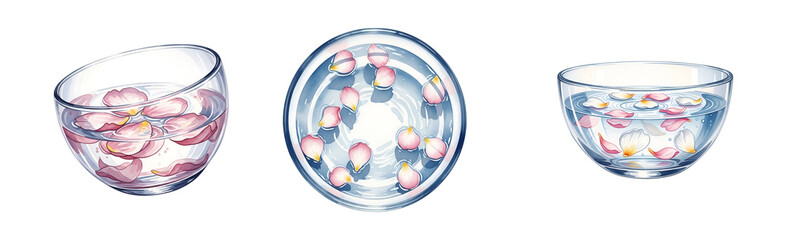 Three glass bowls with pink flowers on transparent background