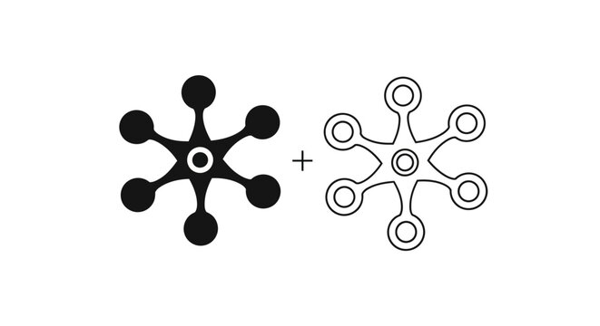 Abstract six-pointed star or snowflake-like vector icon in solid black and outline versions, ideal for technology, connection, or network concepts