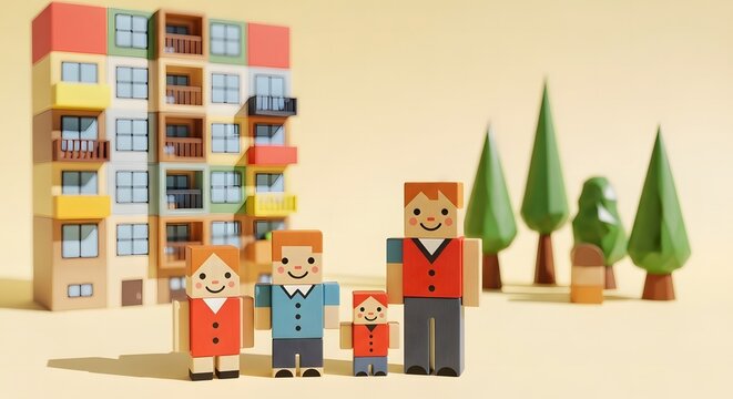 Family Playing with Colorful Toy Blocks Near Building and Trees
