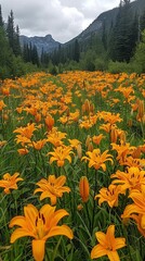 Fototapeta premium Field of Orange Lilies in Mountain Landscape
