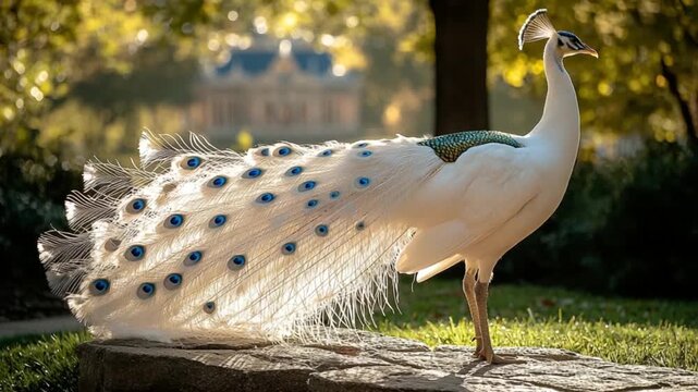 A majestic white peacock with vibrant blue eye spots displays its elaborate tail feathers in a park setting.