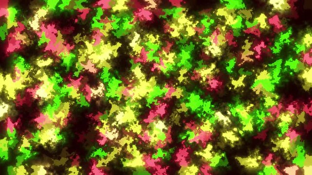Vibrant pink, green, and yellow flowers overlap on a black background, forming a lively, colorful, intricate pattern with varied shapes and sizes.