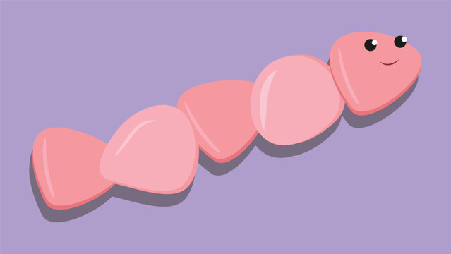 Cute pink worm on purple background. Vector illustration in cartoon style.