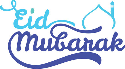 Eid Mubarak calligraphy greeting with elegant crescent and mosque line art. Modern blue Islamic holiday typography isolated on light background. Great for greeting card banner and festive art. © Vivid Pixel Studio.