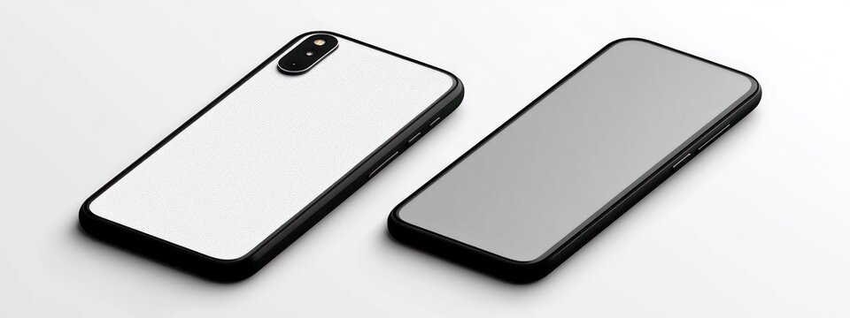two sleek modern smartphones on a white surface, one face down showing a textured white back and dual camera, the other face up with a blank reflective screen, minimalist and professional