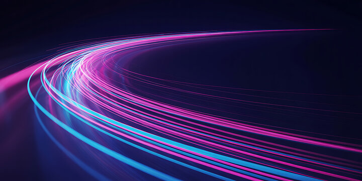 Stunning abstract depiction of a curved pathway of glowing neon pink and blue light streaks, representing advanced data streams, fast internet, and technological innovation.