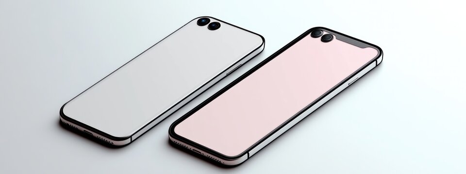 Two sleek modern smartphones with dual cameras, one showing a white back and one with a soft pink screen on a clean white surface, minimal elegant calm aesthetic