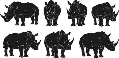 Black rhinoceros silhouette vector set, wild rhino animal icons, African wildlife safari graphics, powerful mammal silhouettes isolated on white background, rhinoceros. © Mehedi